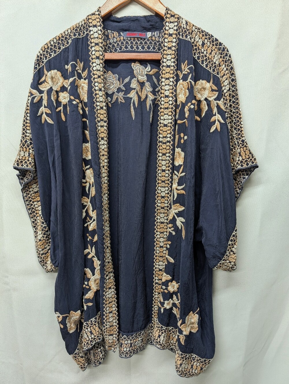 Johnny Was Navy Embroidered Kimono Jacket w/ Gold Floral Trim Size XS Oversized